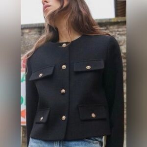 ❤️ Zara Women's Black Tweed Blazer with Gold Buttons